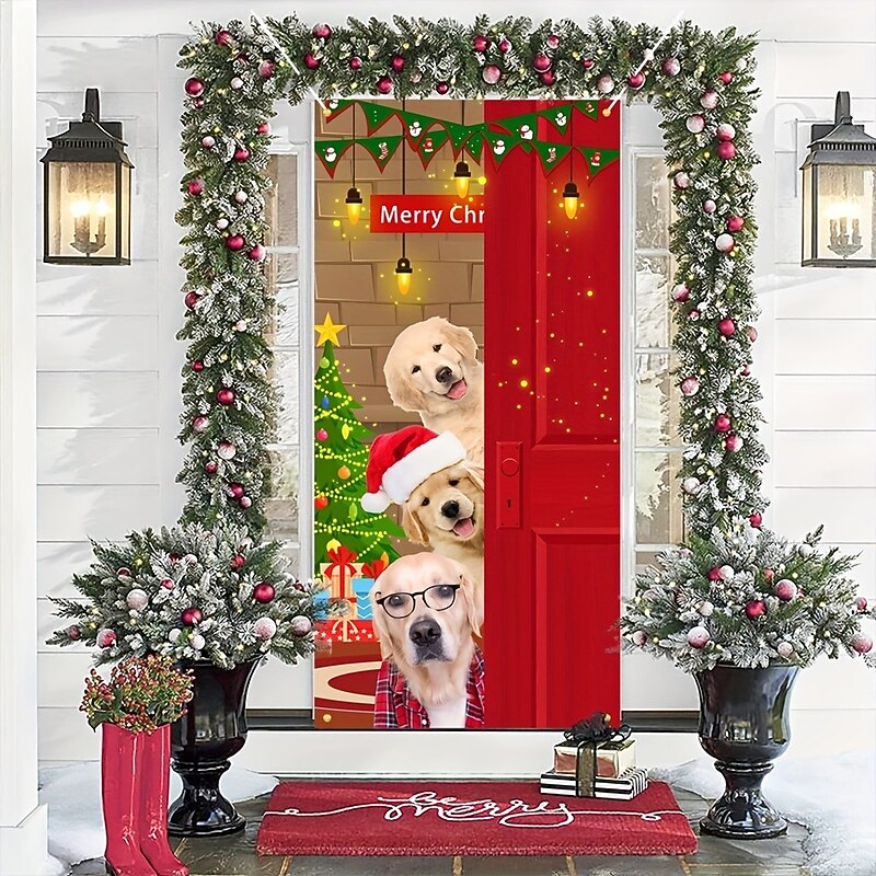 Christmas Door Decorations Dogs Animal Farmhouse Door Covers Door Tapestry Door Curtain Decoration Xmas Backdrop Door Banner for Front Door Holiday Party Decor Supplies3