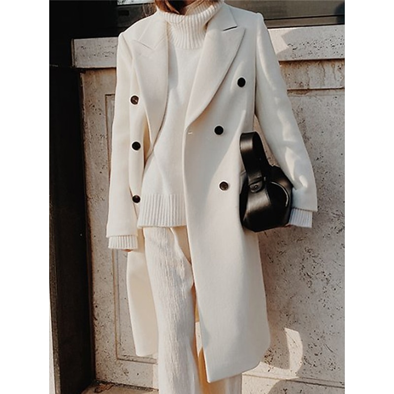 Women's Overcoat Long Pea Coat Double Breasted Lapel Trench Coat Windproof Warm Winter Coat with Pockets Fall Stylish Contemporary Modern Jacket Long Sleeve White Khaki3