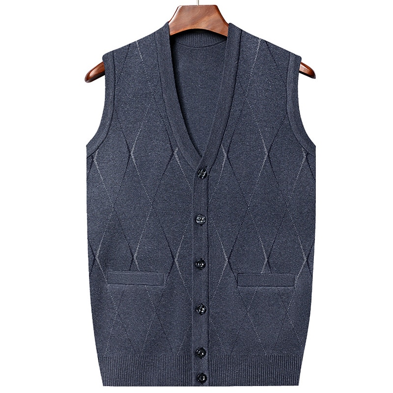 Men's Sweater Sweater Vest Wool Sweater Cashmere Cardigan Sweater Ribbed Knit Regular Pocket Knitted Rhombus V Neck Warm Ups Modern Contemporary Daily Wear Going out Clothing Apparel Winter Wine Red2