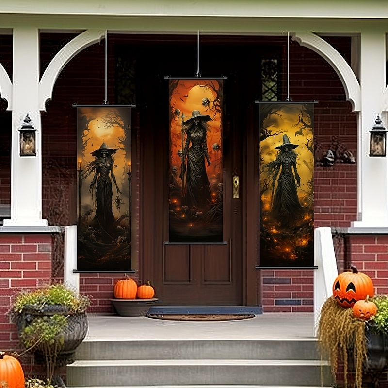 1pc Halloween Poster with Hangers Courtyard Skeleton Ghost Pumpkin Bat Party Witch Painting Lantern Enchantress Wall Art Canvas Posters Art For Home Living Room Decoration Wall Art Decor3