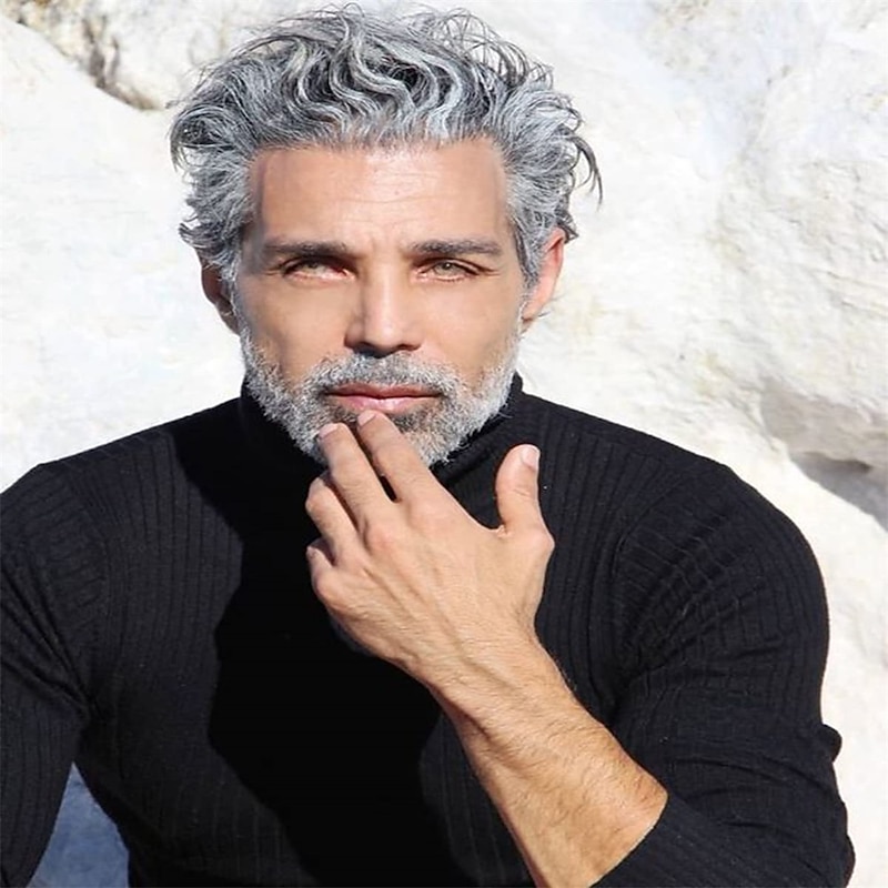 Mens Grey Wig Short Curly Grey Wig Synthetic Heat Resistant Costumes Natural Halloween Cosplay Hair Wig