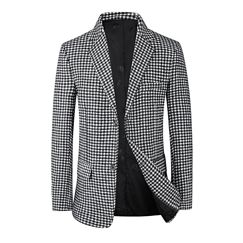 Men's Blazer Cocktail Attire Business Formal Evening Wedding Party Fashion Casual Spring &  Fall Polyester Plaid / Check Geometic Pocket Buttons Casual / Daily Single Breasted Blazer White Camel