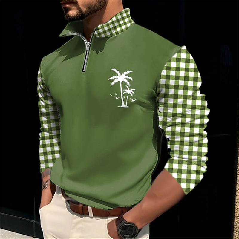 Kentucky Derby Men's Plaid Coconut Tree Zip Polo Golf Polos Shirts Long Sleeve Polo Shirts Zip Casual Outdoor Casual Daily Streetwear 3D Print Fall & Winter White Blue Green4
