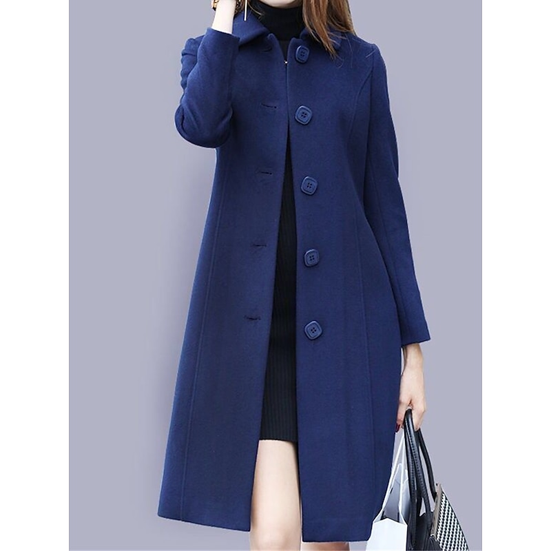 Women's Coat Outdoor Office / Career Fall Winter Long Coat Regular Fit Windproof Warm Comtemporary Stylish Lady Jacket Long Sleeve Plain with Pockets Black Red Royal Blue2