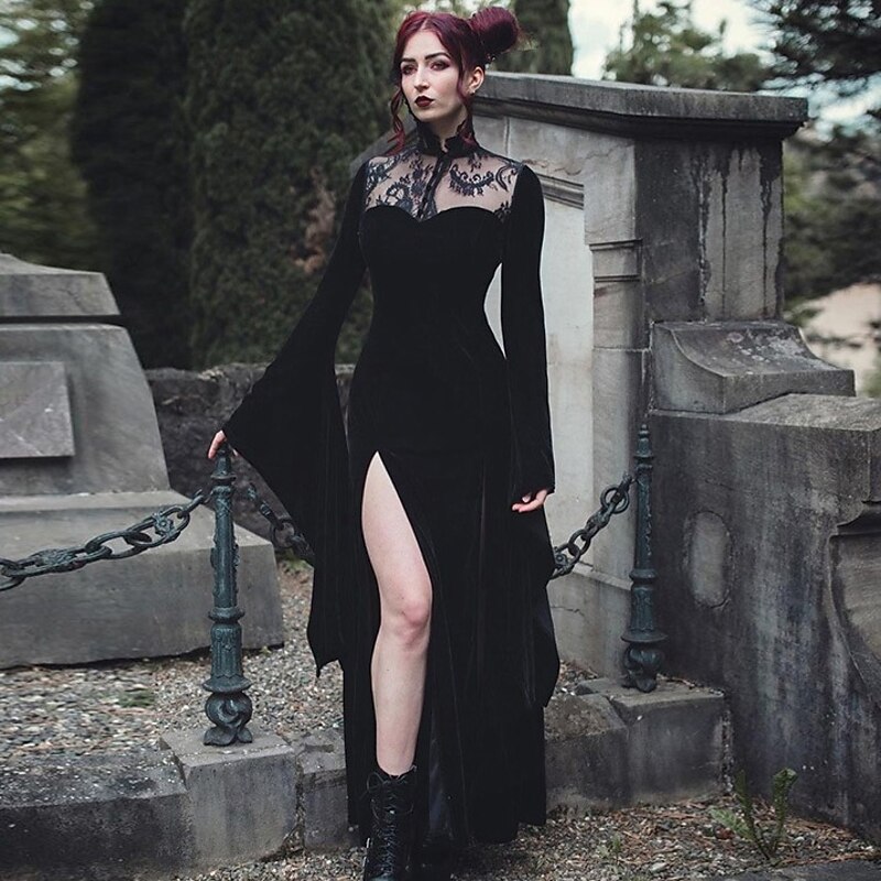 Punk & Gothic Sexy Costume Dress Cosplay Costume Slit Dresses Bell Sleeve Witch Morticia Addams Lace Fancy Dress Women's Fantasy Walpurgis Night Halloween Carnival Masquerade Party / Evening Club2