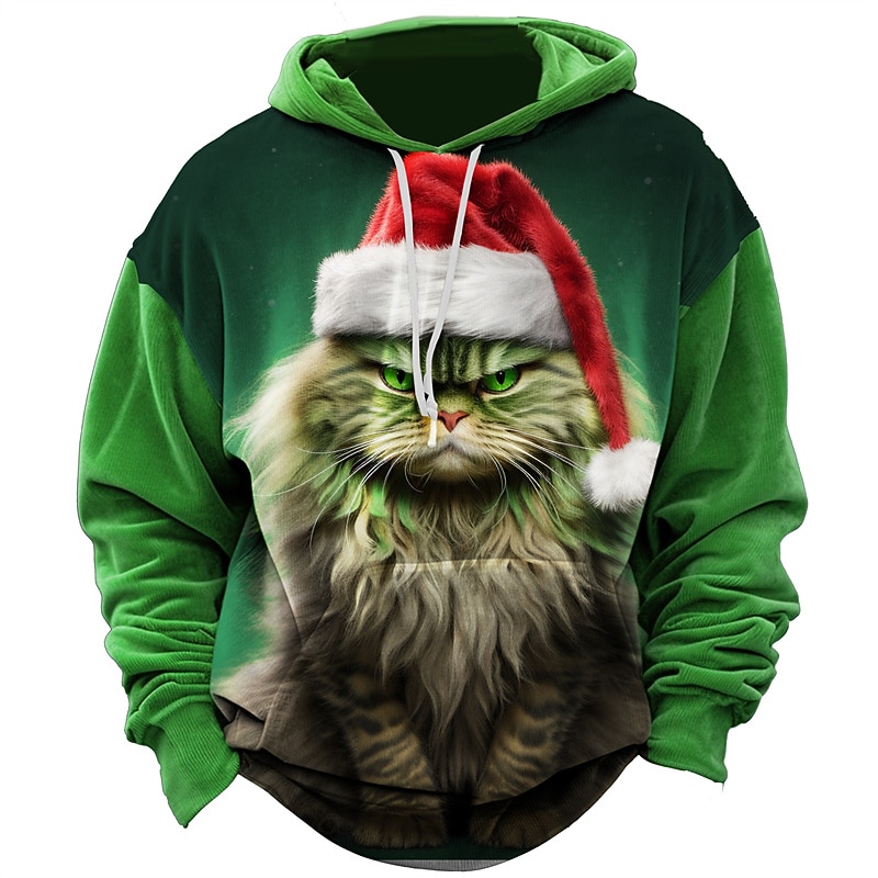 Christmas Men's Christmas animal 3D Hoodies Santa'S Cat Graphic Prints Daily Classic Casual 3D Pullover Holiday Going Out Hoodies Red Dark Green Hooded Spring & Wearing Hat Cotton3