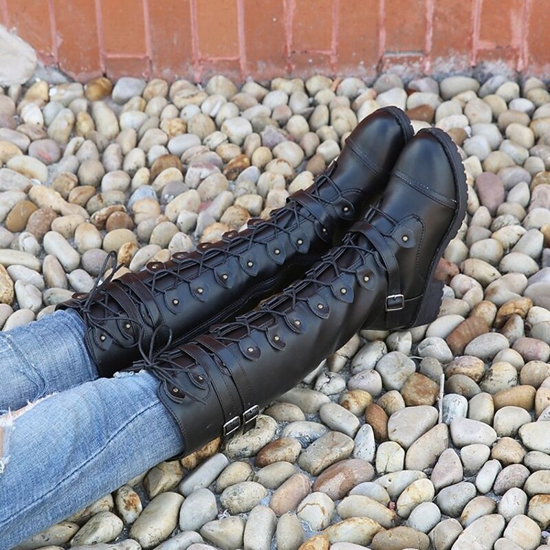 Women's Black Knee High Lace-Up Combat Boots with Chunky Heel, Military Gothic Punk Style Fashion Boots for Autumn Winter 8