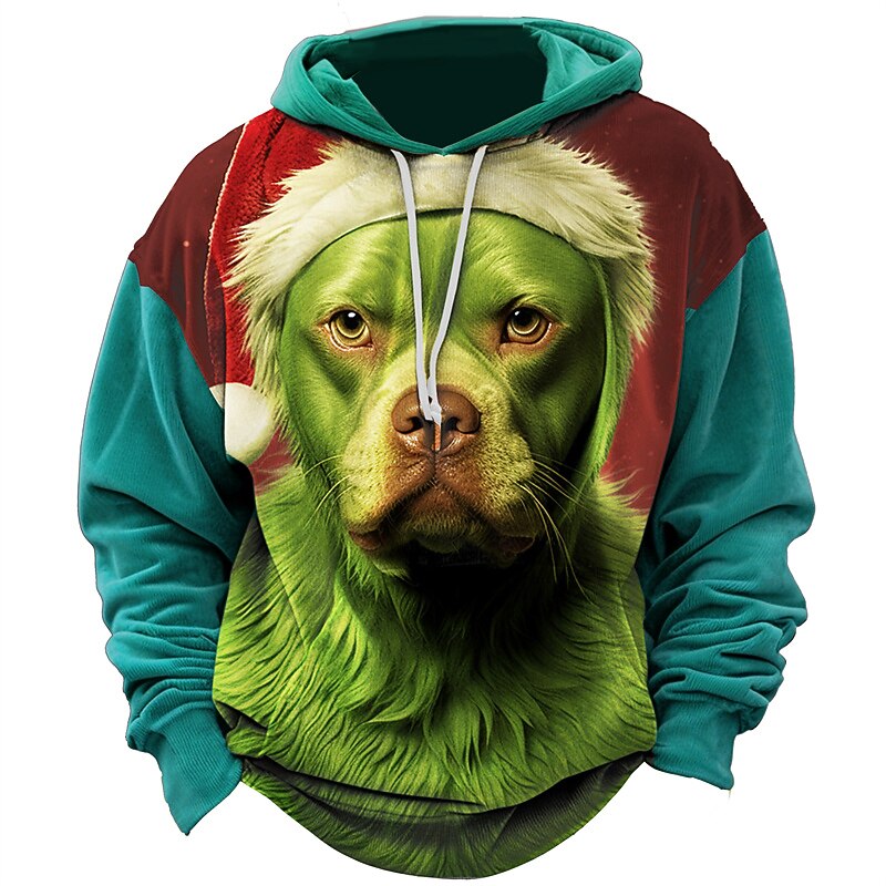 Christmas Men's Christmas animal 3D Hoodies Graphic Dog Prints Daily Classic Casual 3D Pullover Holiday Wearing Santa Hat Green Cotton4