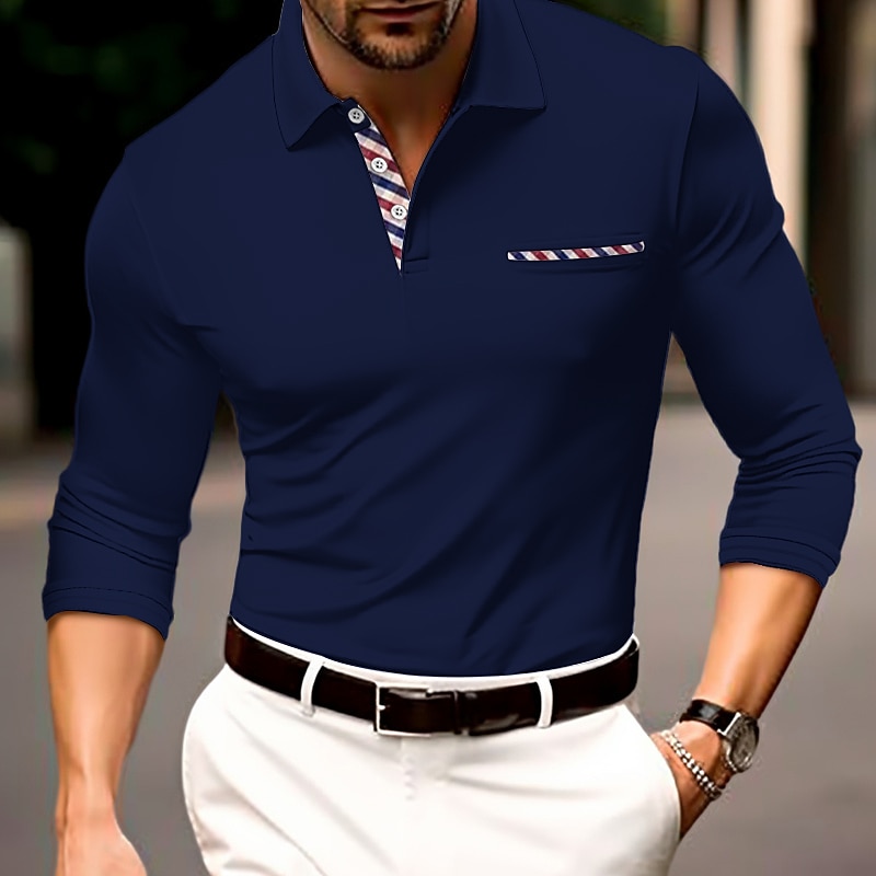 Men's Button Up Polos Polo Shirt Casual Sports Lapel Long Sleeve Fashion Basic Color Block Button Front Pocket Spring &  Fall Regular Fit Black Red Blue Button Up Polos3