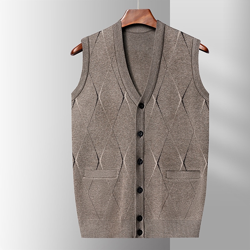 Men's Sweater Sweater Vest Wool Sweater Cashmere Cardigan Sweater Ribbed Knit Regular Pocket Knitted Rhombus V Neck Warm Ups Modern Contemporary Daily Wear Going out Clothing Apparel Winter Wine Red4