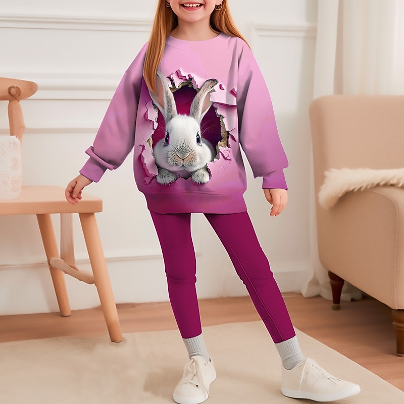 Easter Girls' 3D Rabbit Color Gradient Sweatshirt & Legging Set Set Long Sleeve 3D Print Fall Winter Active Fashion Daily Kids 3-12 Years Crew Neck Outdoor Vacation Date Regular Fit2