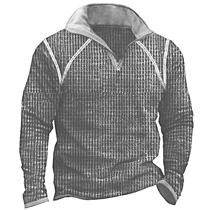 Men's Waffle Tee Waffle Shirt T Shirt Zip Half Shirt Long Sleeve Quarter Zip Spring &  Fall Plain Vintage Designer Basic Patchwork Vacation Street Going out Black khaki Army Green Top Tee for Men2