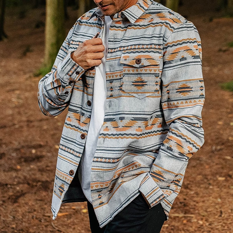 Men's Geometry Shirt Shirt Jacket Long Sleeve Vintage Outdoor Street Casual Daily Fall & Winter Turndown Buttons Pocket Print Gray