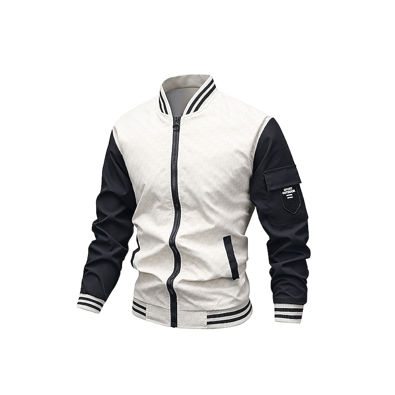 Men's Bomber Jacket Casual Jacket Outdoor Daily Wear Warm Zipper Pocket Fall Winter Plain Fashion Streetwear Standing Collar Regular Black Green Beige Jacket3