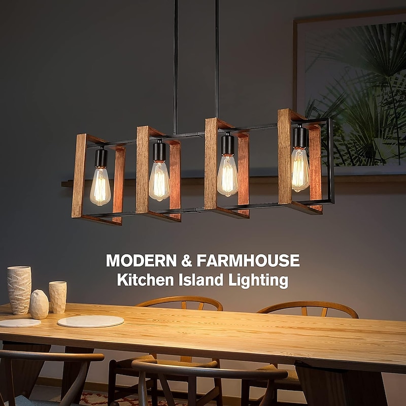 Kitchen Island Lighting, 4 - Light Dining Room Farmhouse Pendant Light, Black Modern Pendant Light, Pool Table Lamp, Wood and Matte Black Metal Finish (4 Heads, Wood) 110-240V3