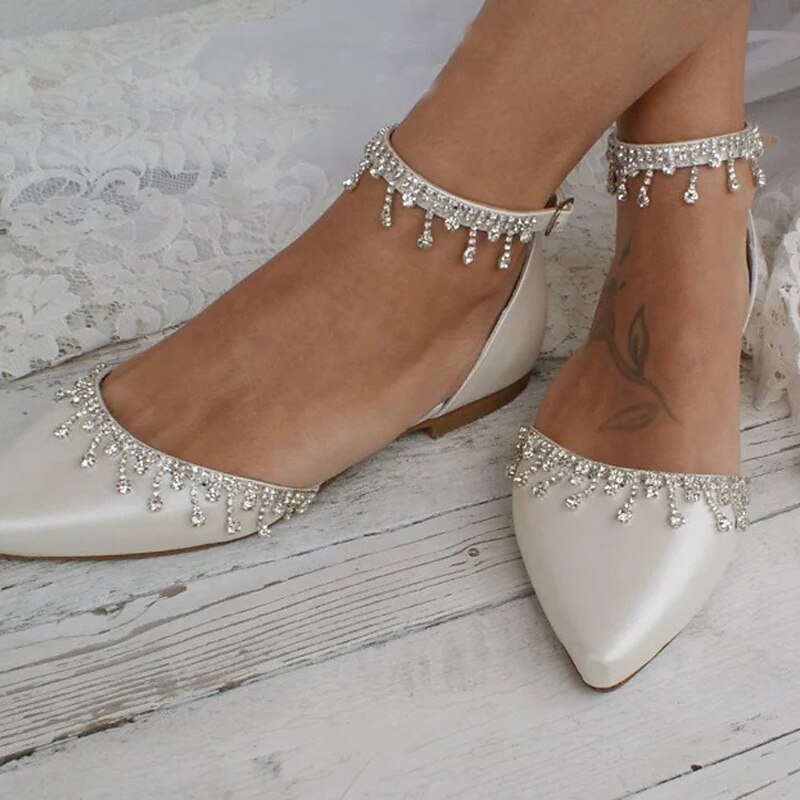 Women's White Wedding Flats – Elegant Bridal Shoes with Rhinestone Ankle Straps for Brides and Formal Events3