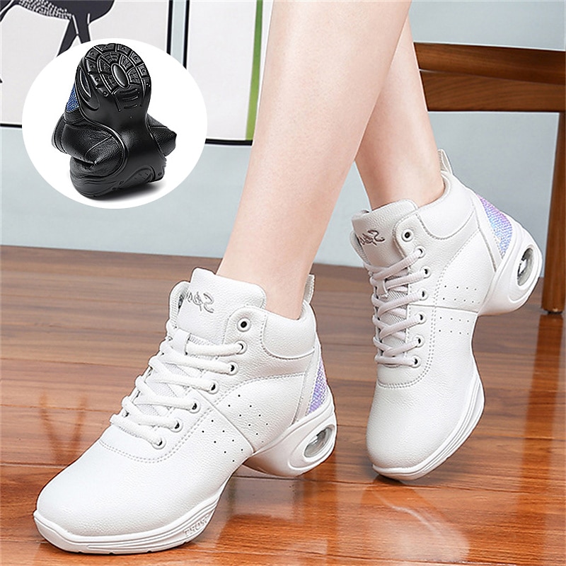 Women's Jazz Shoes Dance Sneakers Line Dance Performance Training Party Leatherette Loafers Softer Professional Split Sole Thick Heel Round Toe Lace-up Teenager Adults' Black / Gold White / Silver