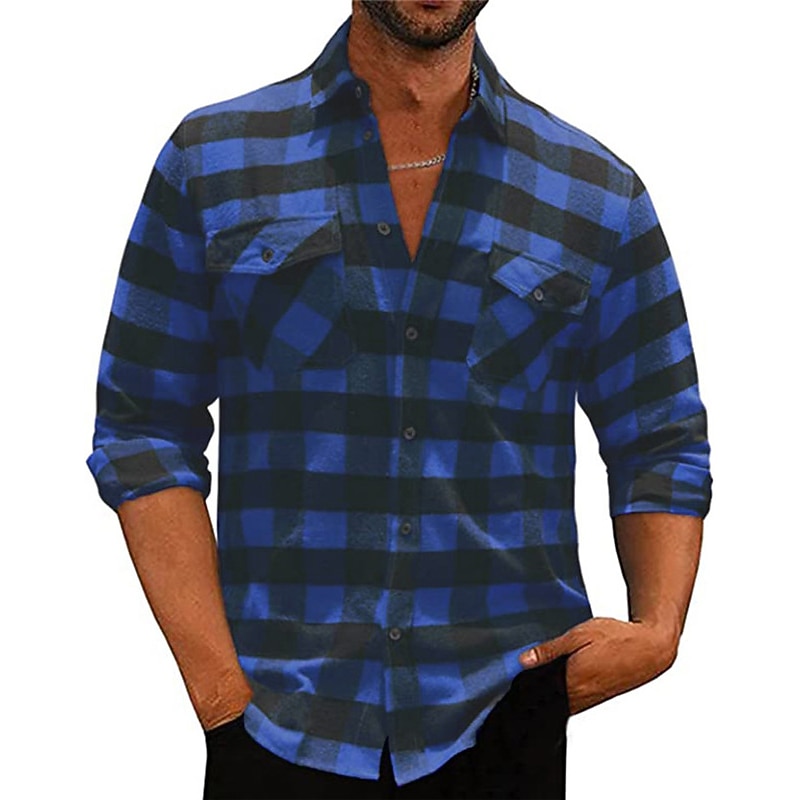 Men's Shirt Flannel Shirt Plaid Shirt Shirt Jacket Shacket Plaid / Check Outdoor Daily Wear White Red Blue Long Sleeve Lapel Fall & Winter Clothing Apparel Front Pocket3