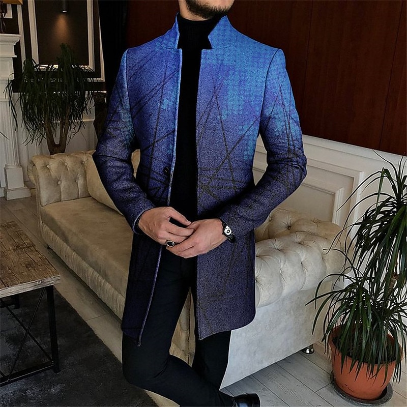 Men's Geometry Winter Coat Overcoat Coat Warm Comfortable Breathable Business Casual Work Wear to work Going out Pocket Print Fall & Winter Stand Collar Long Sleeve Black Blue Gray3