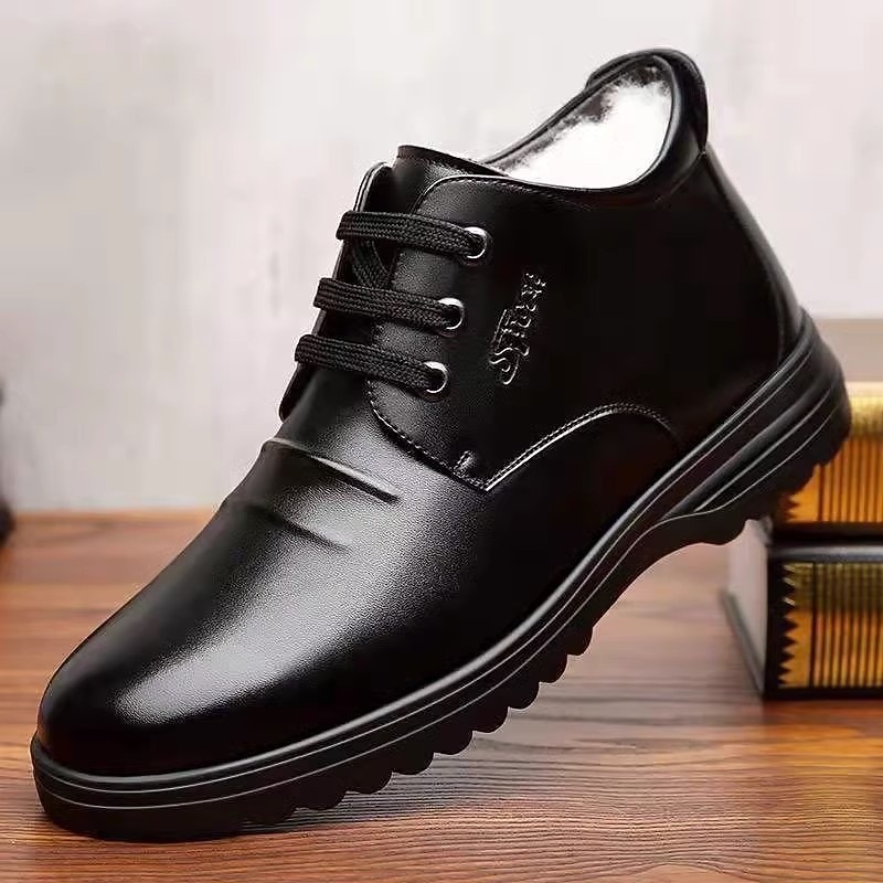 Men's Boots Dress Shoes Fleece lined Walking Vintage Casual Outdoor Daily Leather Warm Height Increasing Comfortable Loafer Black Fall Winter