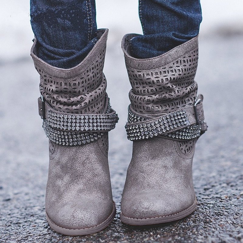 Women's Gray Slouchy Ankle Boots with Studded Straps and Cut-Out Design - Perfect for Casual and Boho-Chic Outfits2