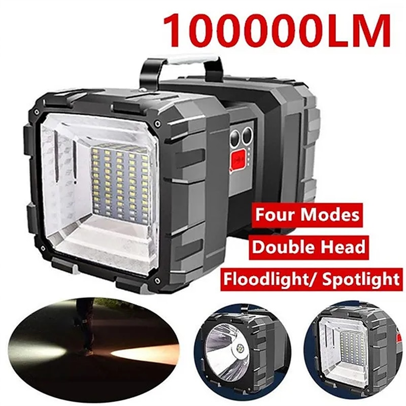 Super Bright 100000LM Handheld LED Spotlight Flashlight, Waterproof Rechargeable Double Head Floodlight for Outdoor Camping