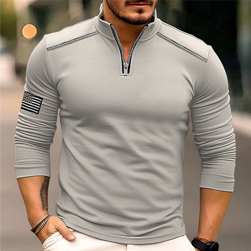 Men's T Shirt Zip Half Shirt Tee Top Long Sleeve Shirt Long Sleeve Quarter Zip Spring &  Fall National Flag Fashion Designer Basic Pocket Vacation Street Going out Dark Gray Blue Red Top Tee for Men3