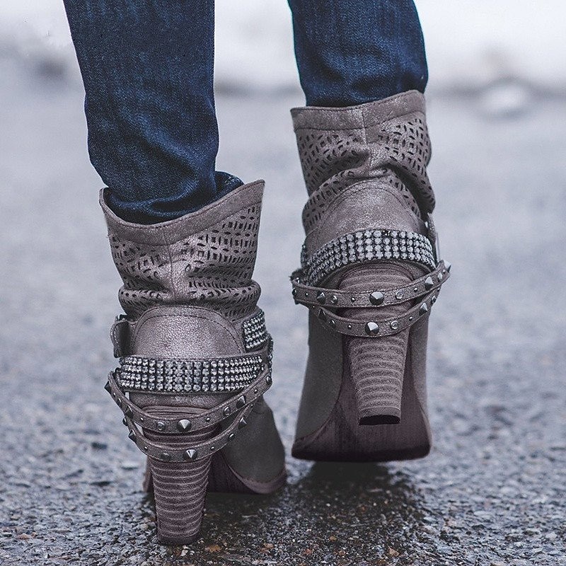 Women's Gray Slouchy Ankle Boots with Studded Straps and Cut-Out Design - Perfect for Casual and Boho-Chic Outfits3