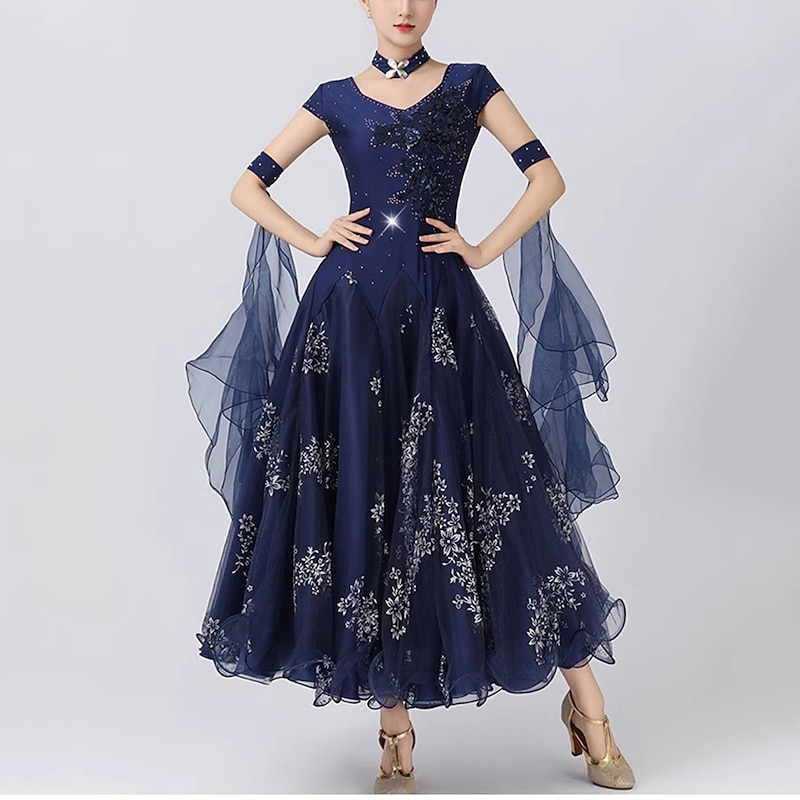 Ballroom Dance Dress Printing Splicing Crystals / Rhinestones Women's Performance Party Sleeveless Mesh Spandex Organza4