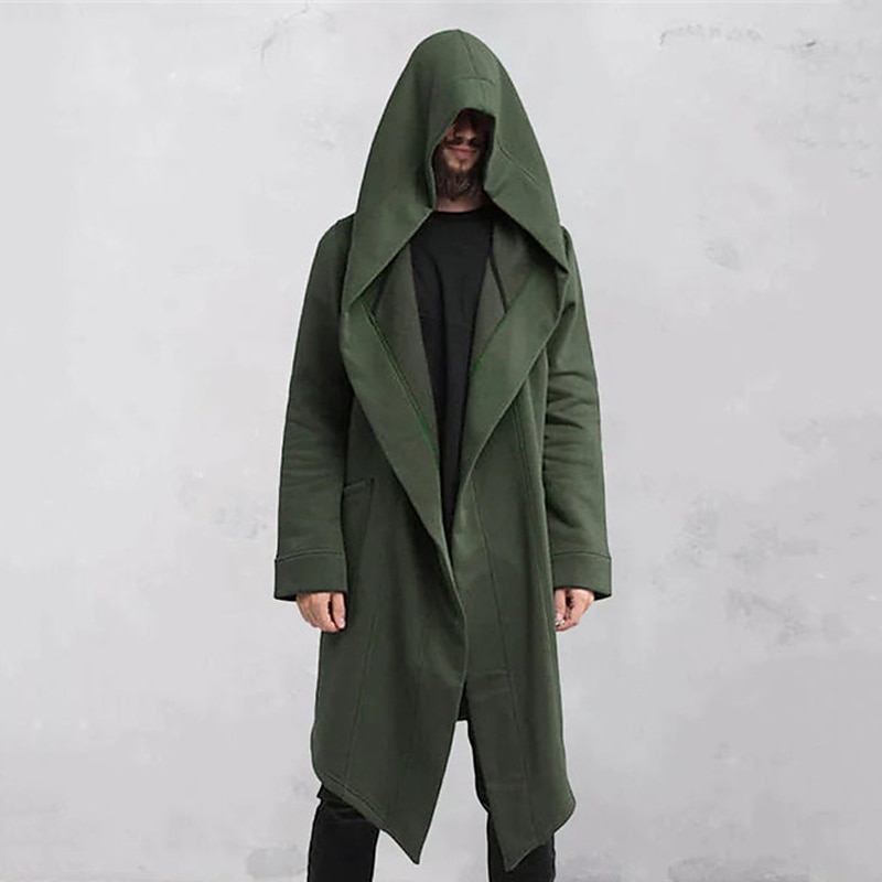 Men's Trench Coat Hooded Cloak Outdoor Daily Wear Fall & Winter Polyester Outerwear Clothing Apparel Fashion Streetwear Plain Pocket Hooded
