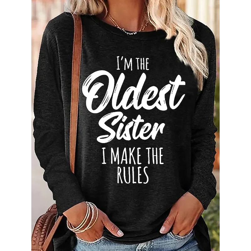 Women's T Shirt Letter Family Fashion Long Sleeve Round Neck Regular Tops Daily Weekend Print Black Pink Blue Green Spring &  Fall Spring, Fall, Winter, Summer2