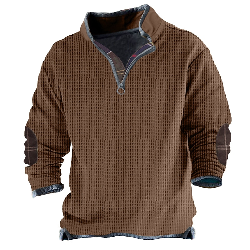 Men's Waffle Tee T Shirt Waffle Knit Tee Tee Top Long Sleeve Standing Collar Spring &  Fall Color Block Fashion Designer Basic Patchwork Vacation Street Going out Light Brown Brown Green Top Tee for