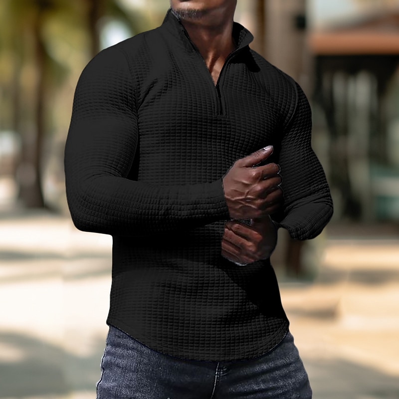 Men's Waffle Tee Waffle Shirt Zip Half Shirt Tee Top Long Sleeve Standing Collar Spring &  Fall Plain Fashion Designer Basic Zipper Vacation Street Going out Black White khaki Top Tee for Men2