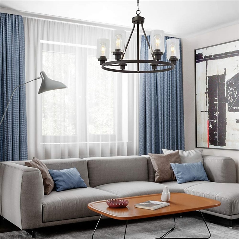 Farmhouse Chandelier 6 Light 25" Black Truck Wheel Pendant Light Round Kitchen Island Lamp for Dining Room Kitchen Bedroom Living Room Foyer Hallway 110-240V3