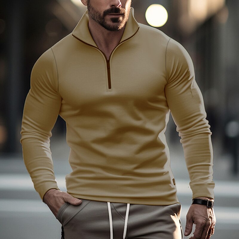Men's T Shirt Zip Half Shirt Tee Top Long Sleeve Shirt Long Sleeve Quarter Zip Spring & Fall Plain Fashion Designer Basic Vacation Street Going out Black White khaki Top Tee for Men3