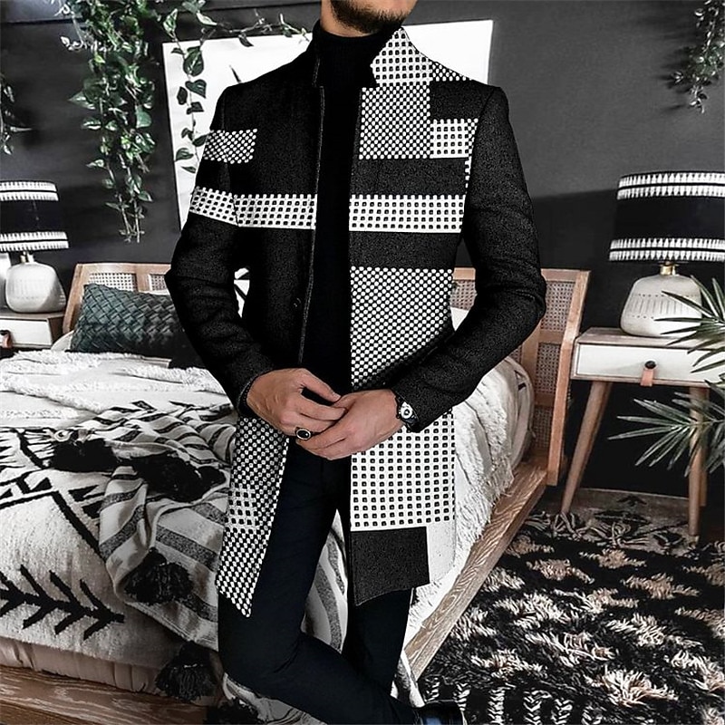 Men's Plaid Geometry Winter Coat Overcoat Coat Warm Comfortable Breathable Business Casual Work Wear to work Going out Pocket Print Fall & Winter Stand Collar Long Sleeve Black White Gray