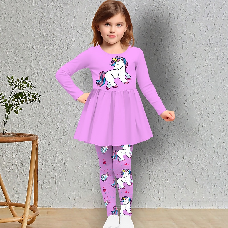 Girls' 3D Unicorn T-shirt & Legging Ruffle Dress Set Long Sleeve 3D Print Fall Winter Active Fashion Daily Kids 3-12 Years Outdoor Vacation Date Regular Fit2