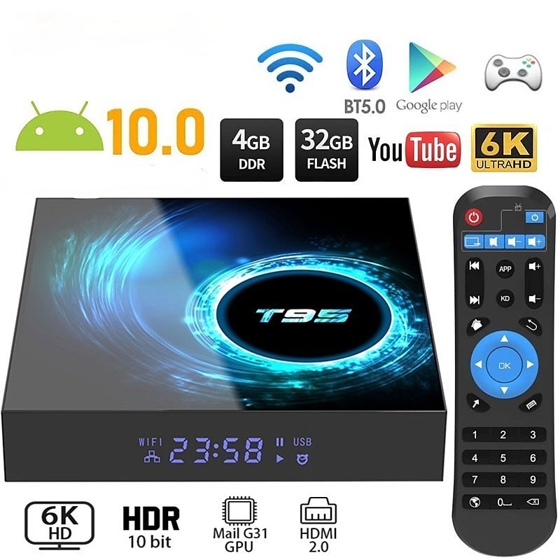 T95 Smart Tv Box Android 10 Support 6K 30FPS YouTube Google Play Google Voice Assistant LEMFO 2.4g & 5g Wifi Bluetooth 6k 16g 32gb 64gb 4k Quad Core