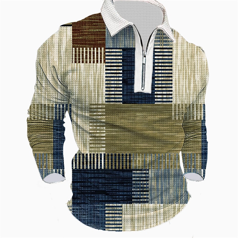 Men's Striped Graphic Prints Geometry Waffle Polo Shirts Polo Shirts Lapel Polo Zip Polo Golf Shirt Long Sleeve Shirt Turndown Outdoor Street Blue Green Khaki Gray Zipper Print Clothing Apparel3