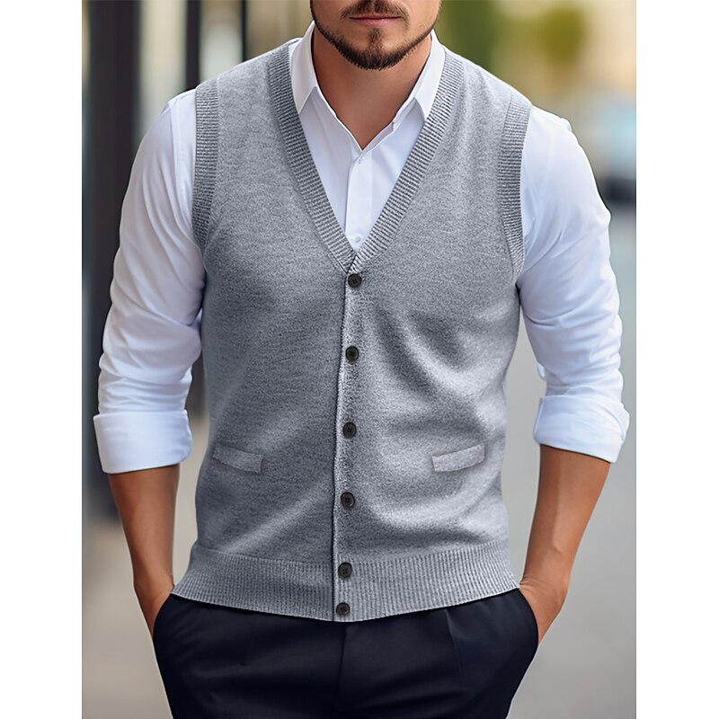 Men's Christmas Sweaters Sweater Vest Dress Sweater Cardigan Sweater Ribbed Knit Regular Tops Pocket Knitted Plain V Neck Warm Ups Modern Contemporary Daily Wear Going out Clothing Apparel Winter2