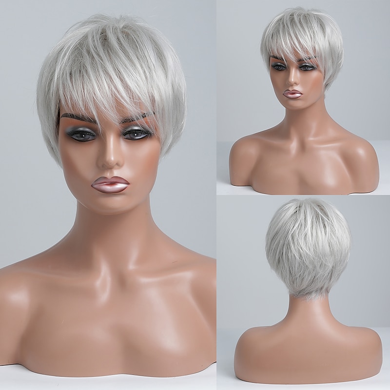 Human Hair Blend Wig Short Straight Natural Straight Pixie Cut Side Part Layered Haircut Asymmetrical White Brown Cosplay Curler & straightener Natural Hairline Capless Burmese Hair Chinese Hair2