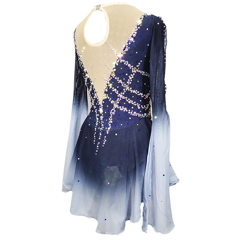 Figure Skating Dress Women's Girls' Ice Skating Dress Blue+Light Blue Patchwork Open Back Mesh Spandex Stretchy Training Practice Professional Skating Wear Crystal / Rhinestone Long Sleeve Figure4