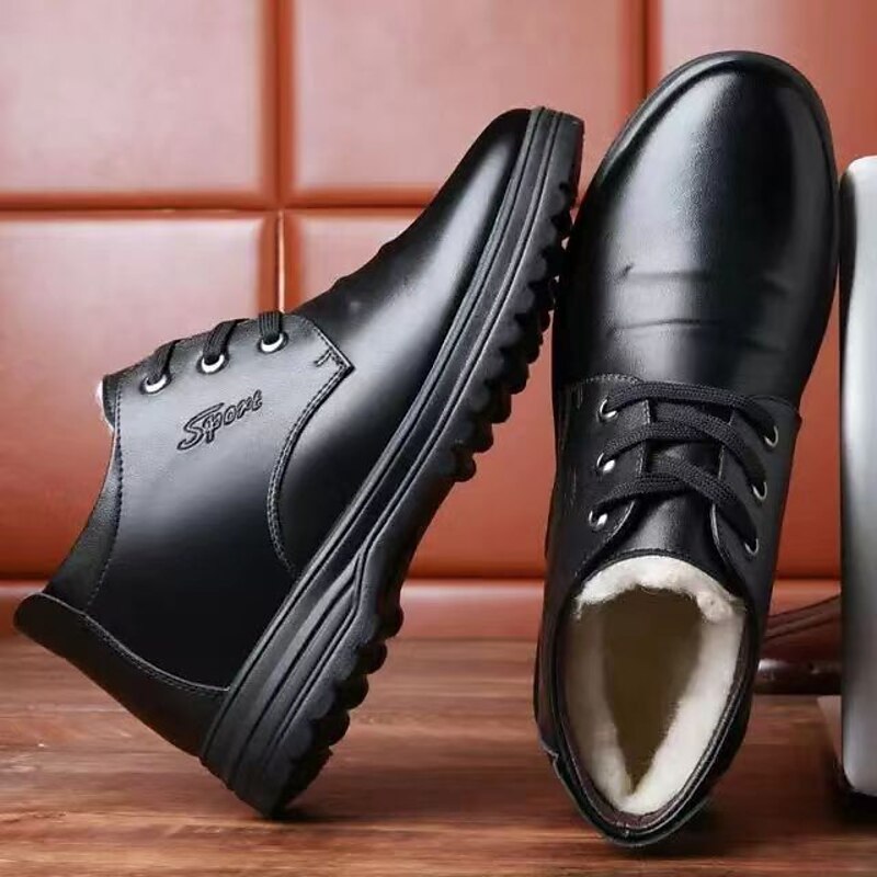 Men's Boots Dress Shoes Fleece lined Walking Vintage Casual Outdoor Daily Leather Warm Height Increasing Comfortable Loafer Black Fall Winter4