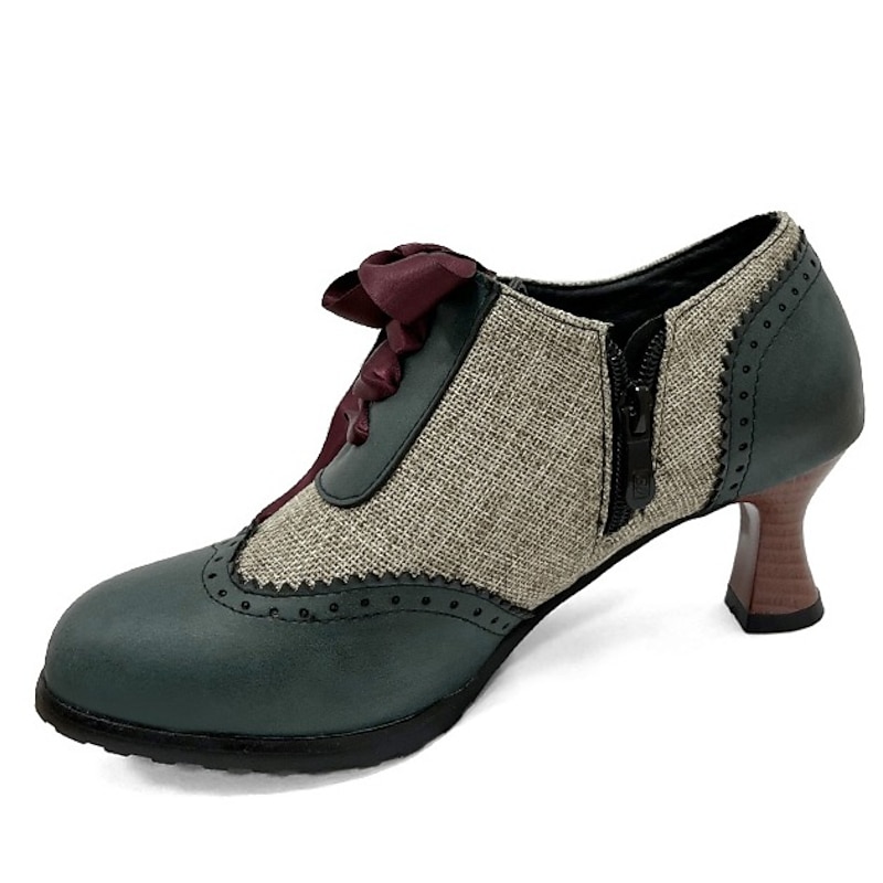 Women's Edwardian Vintage Oxford Heels with Ribbon Laces, Two-Tone Leather and Fabric Retro Dress Shoes for 1920s Inspired Outfits and Parties3