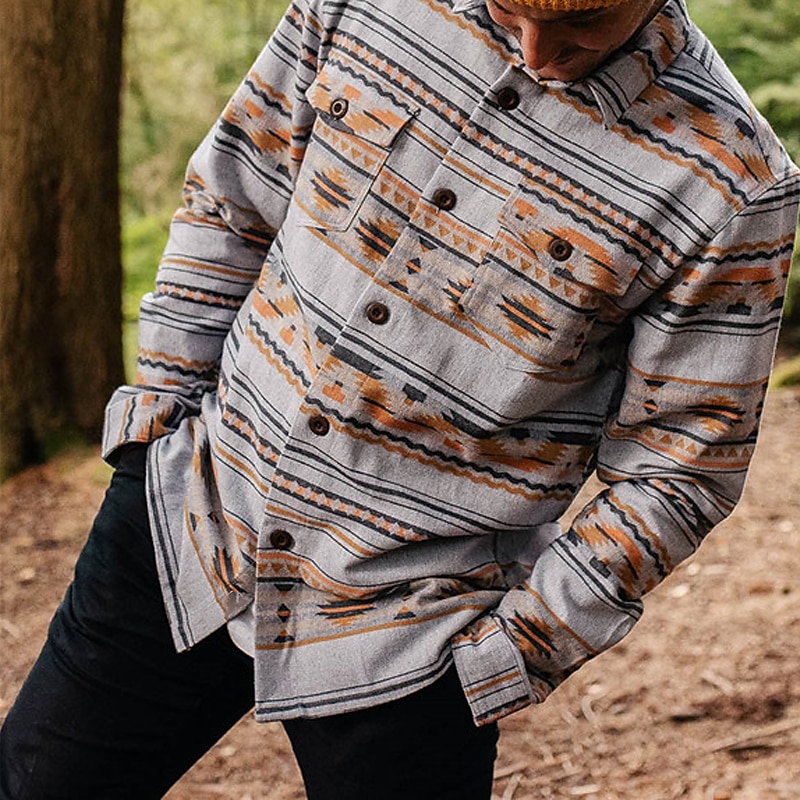 Men's Geometry Shirt Shirt Jacket Long Sleeve Vintage Outdoor Street Casual Daily Fall & Winter Turndown Buttons Pocket Print Gray2