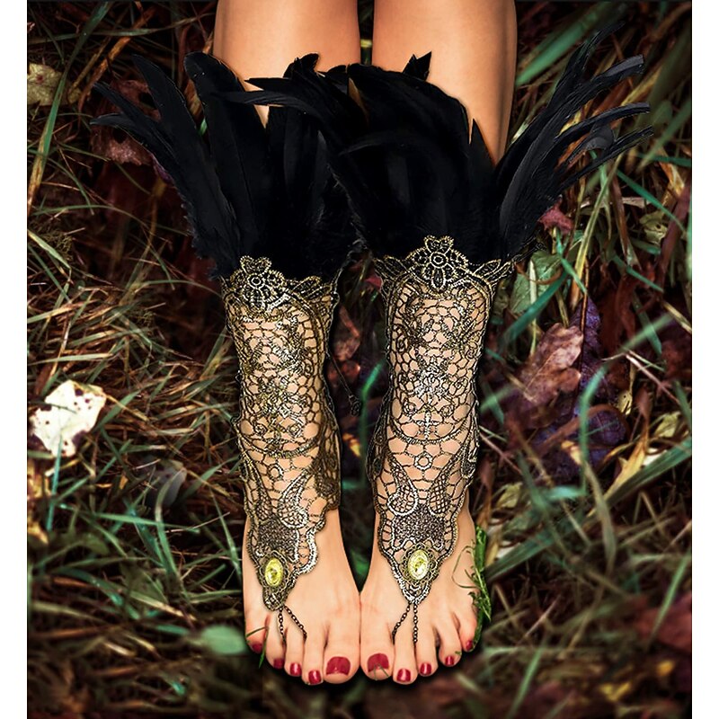 1 Pair Lace Feather Gloves Retro Vintage Punk & Gothic Long Gloves Feather Lace Witch Maleficent Women's Lace Cosplay Costume Masquerade Party Evening4