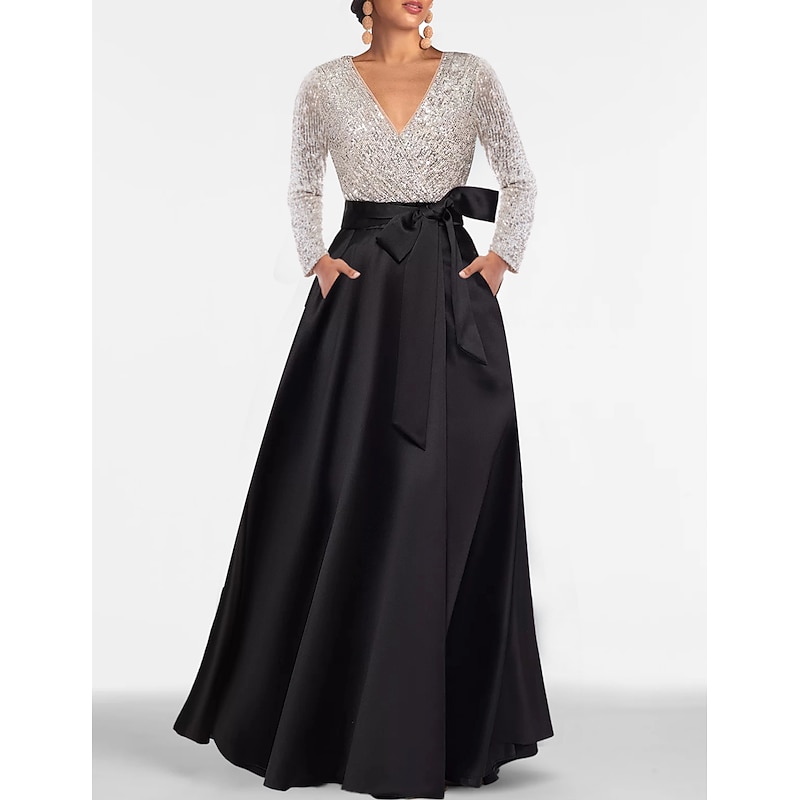 A-Line Mother of the Bride Evening Gown Elegant Dress Formal Floor Length Long Sleeve V Neck Fall Wedding Guest Satin with Sequin Pocket2