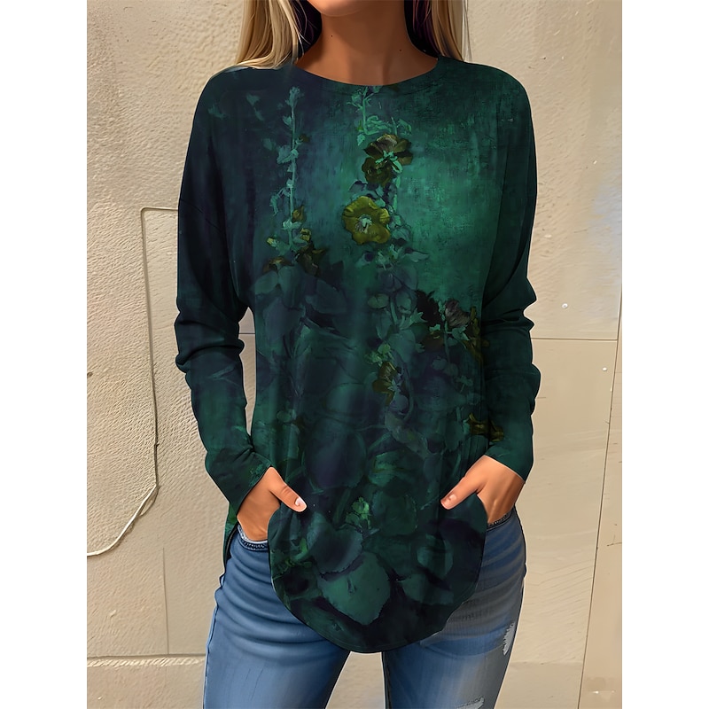 Women's T Shirt Floral Fashion Long Sleeve Round Neck Regular Tops Holiday Weekend Print Blue Purple Green Spring &  Fall