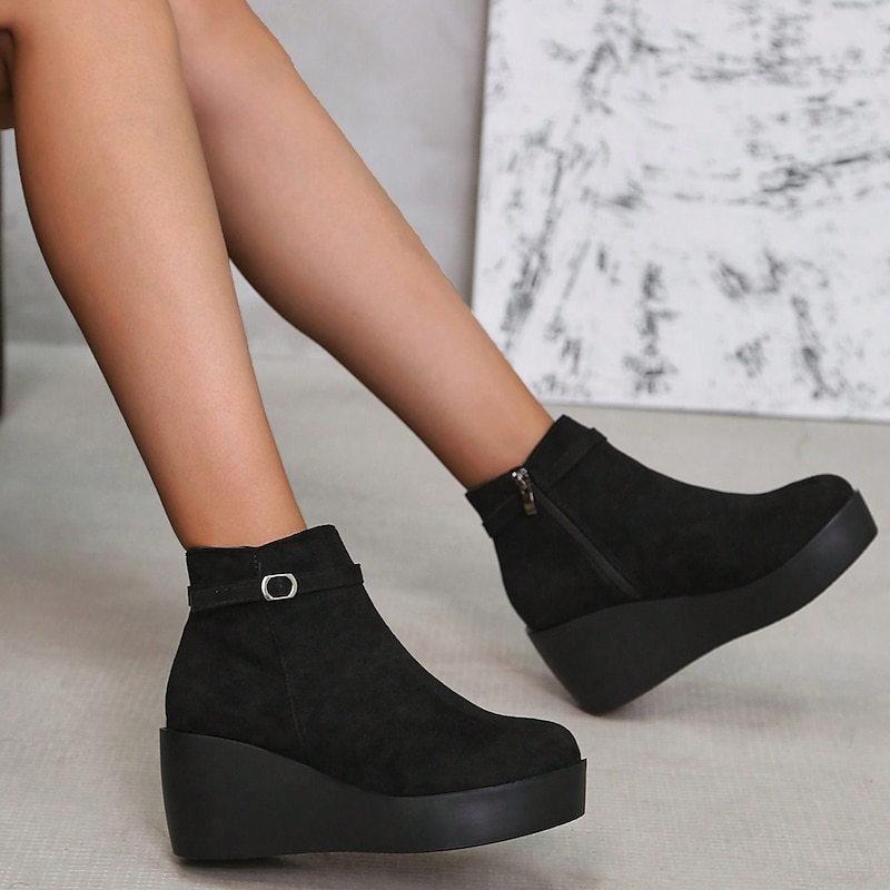 Women's Platform Wedge Ankle Boots – Fashionable Zipper Closure Faux Suede Boots for Casual Fall and Winter Outfits4