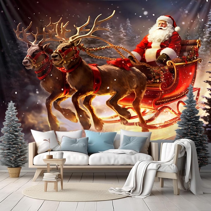 Christmas Decorations Santa Sled Hanging Tapestry Wall Art Xmas Large Tapestry Mural Decor Photograph Backdrop Blanket Curtain Home Bedroom Living Room Decoration